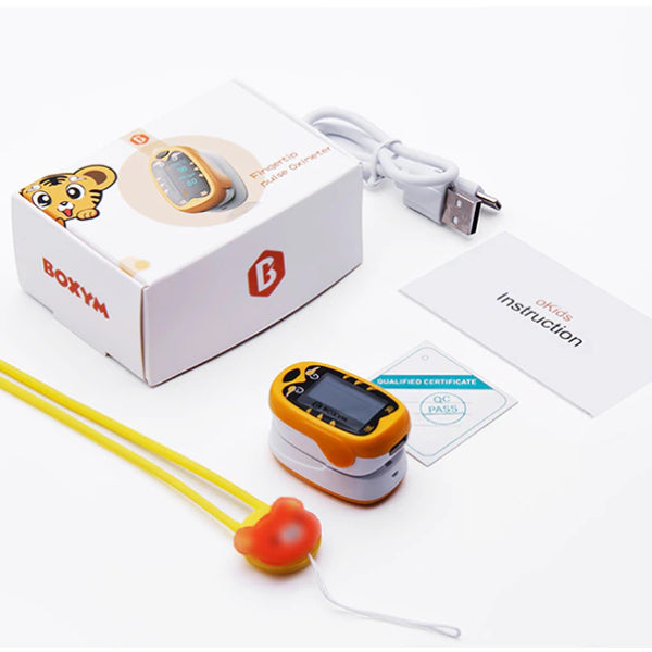 L'oxymètre pédiatrique rechargeable est livré dans sa boite avec une lanière amusante et un manuel d'utilisation en français.